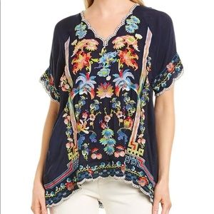 Johnny Was navy blue embroidered top.